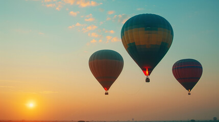 Fototapeta premium Majestic Skies of Bagan: Capturing Sunset and Balloons in Panoramic Splendor