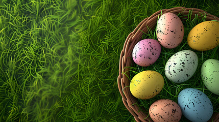 Overhead shot of a wicker basket filled with pastel-colored Easter eggs nestled on a bed of green grass, perfect for an Easter egg hunt flyer