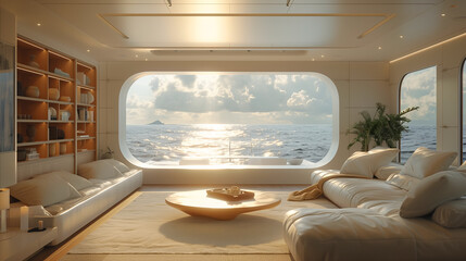 Ultra-realistic interior design of the main cabin with large windows. Creative yacht design. - obrazy, fototapety, plakaty