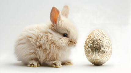 Fototapeta na wymiar A sweet Easter egg bunny with a fluffy tail sitting next to a gleaming egg decorated with intricate designs, both set against a pure white backdrop