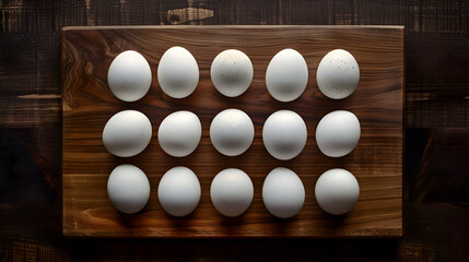 Overhead view of a symmetrical pattern of eggs carefully positioned on a polished wooden board, creating an intriguing visual arrangement