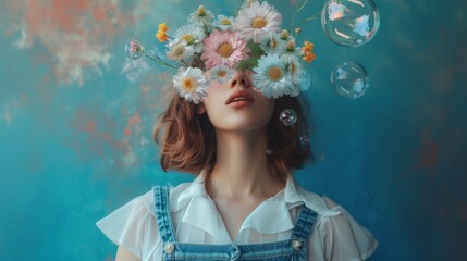 Woman With Flowers and Soap Bubble in Her Hair Wearing Overalls