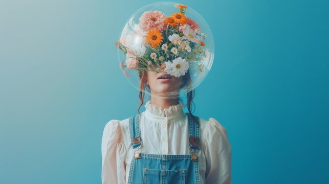 A woman with flowers and soap bubble in her hair wearing overalls