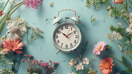 Vintage Alarm Clock Surrounded by Spring Flowers on Pastel Background - obrazy, fototapety, plakaty
