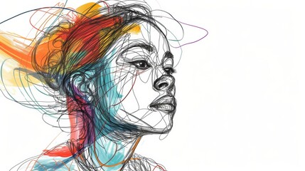 Black and White Line Sketch of a Woman With Colorful Projections