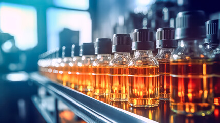 In a laboratory setting, various jars and test tubes are neatly arranged on a table, depicting a medical research and experimentation concept.