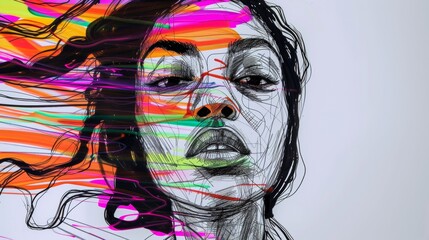 Black and White Line Sketch of a Woman With Colorful Projections - obrazy, fototapety, plakaty