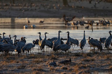 Crane (bird) courtship, dance of the cranes (bird) at Lake Hornborgasjön in Sweden in spring at sunrise