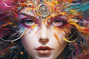 Psychedelic colorful woman face. Dreamy fantasy futuristic lady. Digital Painting. AI Generated 