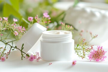 Obraz na płótnie Canvas Cream jar among blooming plants on light background.