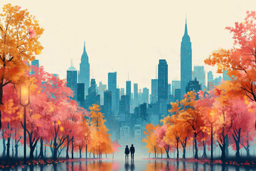 Two people against the backdrop of a big city, spring travel, blossoming trees