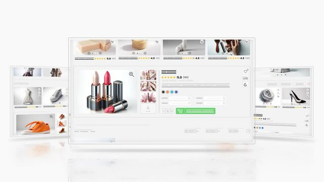 Sales and shopping web page for e-commerce. Website animation of make-up, care and women's clothing products.