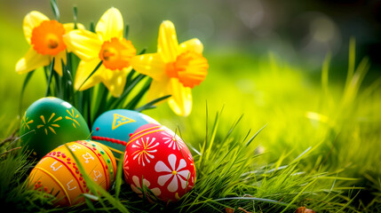 Easter eggs with daisies on green grass on a sunny day