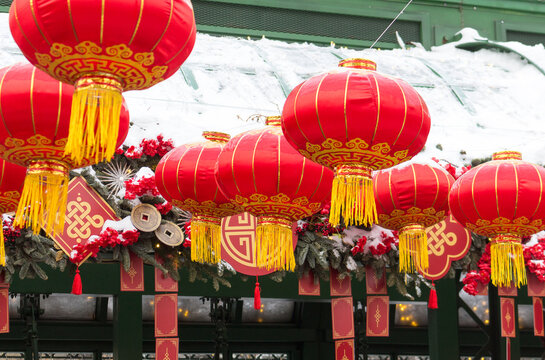 Red lanterns are a traditional decoration for celebrating the New Year according to the Chinese calendar. outdoor photo.
