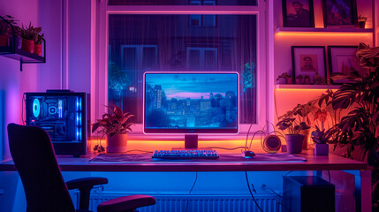 Desk with monitor - Neon lighting - Computer aesthetics.
