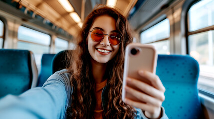 Happy woman taking selfie on train