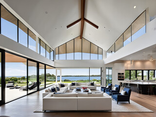 Majestic Cathedral Ceiling Reigns Over Expansive Modern Living Area
