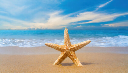 Fototapeta na wymiar Starfish on the beach with sea and sky background. Summer vacation concept. copy space for your text or logo