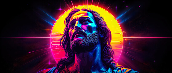 Illustration of Jesus Christ the Savior of God in a bright sunset, neon style