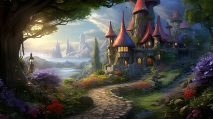 Enchanted fairy tale castle in mystical landscape with floral garden. Fantasy and imagination.