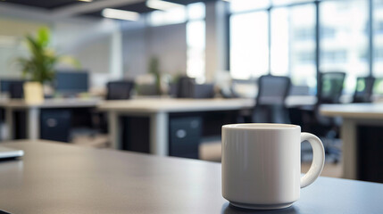 A white cup of coffee on the background of an office - obrazy, fototapety, plakaty