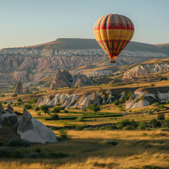 Hot Air Balloon Soaring Over Scenic Landscape at Sunrise