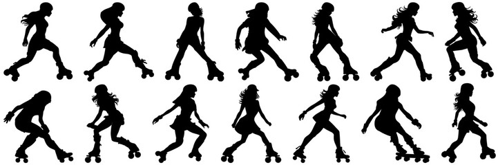 Fototapeta na wymiar Retro skater girl silhouettes set, large pack of vector silhouette design, isolated white background