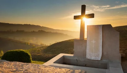 Rolgordijnen Cross on a grave in the mountains at sunrise. Tuscany, Italy © Arda ALTAY
