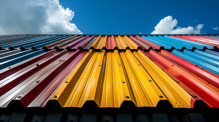 Fototapeta premium Colorful painted corrugated roof against a blue sky