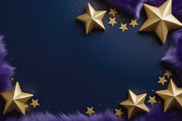 Fotobehang Elegant and Luxurious: Midnight Blue Background with Gold Stars and Deep Purple Fur Accents © Hikari 