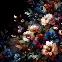 Spring flowers arrangement on dark background. Floral ornament. Pastel color, isolated watercolor illustrator.