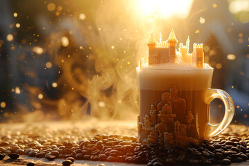 coffee cup is decorated with a sugar castle, coffee beans, foam, fantasy design, sunlight