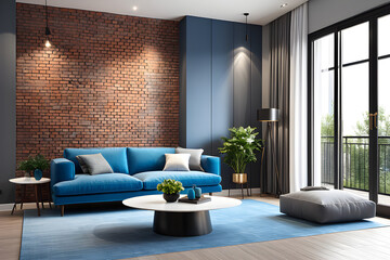 Blue & Gray Sofas Ground Modern Brick Living Room - Apartment Elegance
