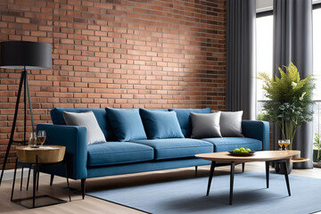 Brick Beauty in Modern Living - Blue & Gray Sofas, Apartment Decor Flair
