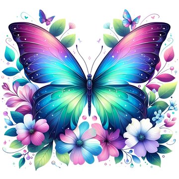 Beautiful Butterfly with Sparkles of Light. Fantastic butterfly and magical curving transparent waves with glowing stars on night dark background Sparkling neon lights various colors