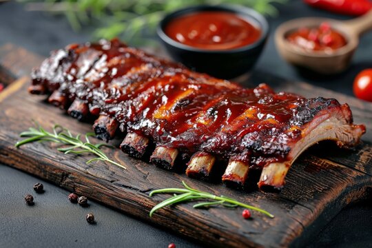 Grilled pork bbq ribs served with cherry tomatoes, basil and barbeque sauce on wooden cutting board on wood board.