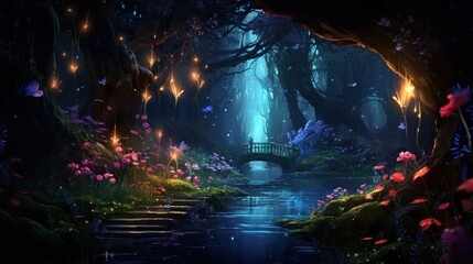 Enchanted forest scene with magical lights and mystical bridge. Fantasy world background.