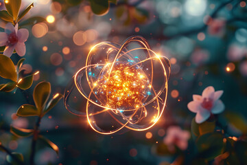 luminous spheres, molecular structures on blurred blue background, futuristic fractal patterns, nanopunk