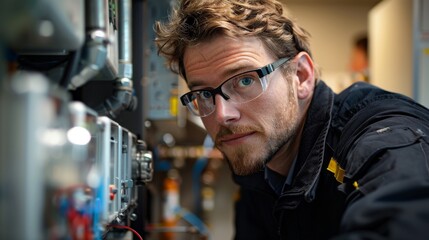 Focused technician inspecting residential heating system. He is wearing safety glass