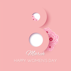 8 march Women's Day Banner. Flyer, banner, cover, social media number 8 with flowers. Vector illustration in paper cut style