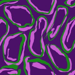 Seamless abstract geometric pattern. Simple texture in green, purple and violet colors. Ovales, lines. Digital brush strokes. Design for textile fabrics, wrapping paper, background, wallpaper, cover.