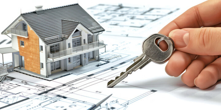 Sale and purchase of real estate according to the turnkey system symbolically with the illustration of the real estate model on the graphic and positional map