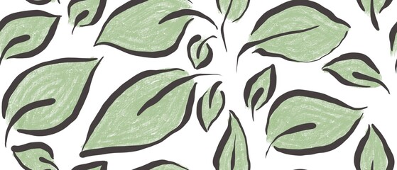 Seamless abstract botanical pattern. Simple background with black, green, white texture. Digital brush strokes. Leaves. Design for textile fabrics, wrapping paper, background, wallpaper, cover.