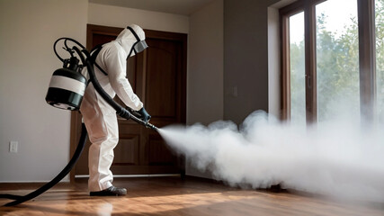 Pest control exterminator worker spraying pest in apartment