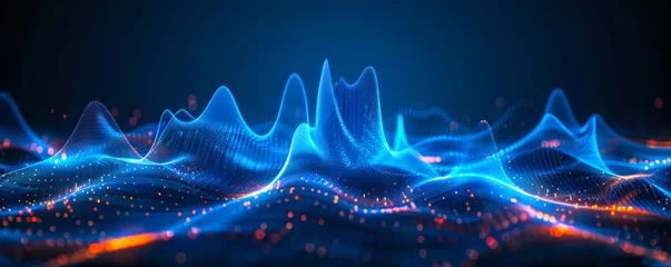 Poster Futuristic blue sound wave visualization depicting an equalizer's dynamic rhythm, perfect for representing voice recognition and audio technology concepts © Bartek