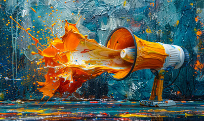Vibrant creativity and communication concept with a colorful megaphone amidst splashing paint on an abstract dynamic background symbolizing expression