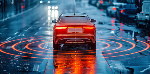 High-tech autonomous car with activated safety systems visualized by glowing lines and grids on a wet urban street, symbolizing advanced driver assistance