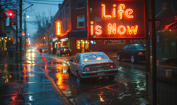 Illuminated neon sign in a rainy cityscape boldly declaring Life is Now, emphasizing the concept of living in the moment and the vibrancy of life