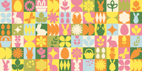 Easter icons elements with geometric pattern. Bauhaus style. Vector flat design for poster, card, wallpaper, poster, banner, packaging. Rabbit, flower, chick, egg, basket