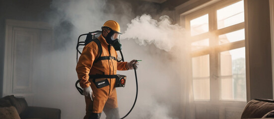 Pest control exterminator worker spraying pest in apartment - obrazy, fototapety, plakaty